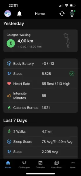 Garmin Connect App: Dashboard