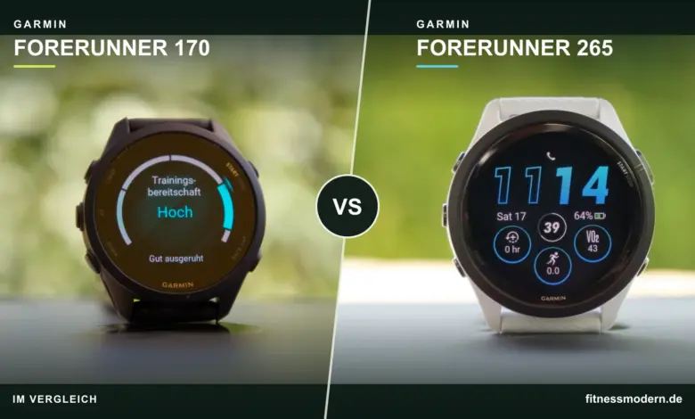 Schwarze Garmin Forerunner 170 links und weiß-blaue Forerunner 265 rechts in einer grafischen Gegenüberstellung mit VS.
