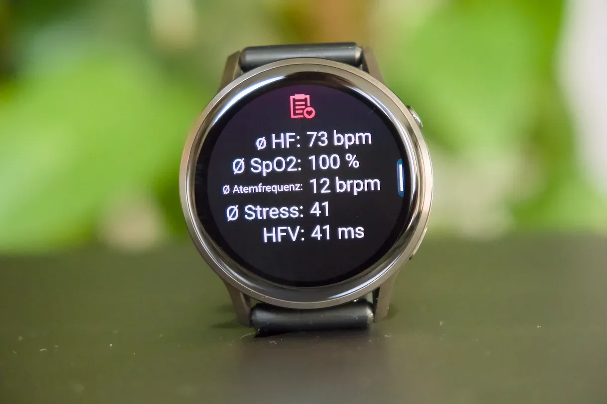 Health Snapshot auf der Venu 4 mit Puls, Sauerstoffsättigung und weiteren Werten