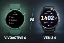Grüne und dunkle Sportuhr mit VS und den Beschriftungen Vivoactive 6 und Venu 4