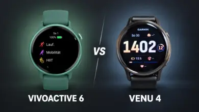 Grüne und dunkle Sportuhr mit VS und den Beschriftungen Vivoactive 6 und Venu 4