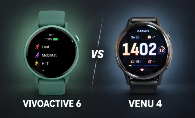 Grüne und dunkle Sportuhr mit VS und den Beschriftungen Vivoactive 6 und Venu 4